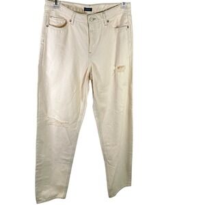 Express Womens Jeans Size 10R Beige Distressed Denim High‎ Rise Mom Jeans